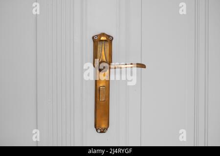 brass door handle isolated on wooden door - classic Altbau apartment Stock Photo