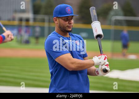 April 16 2022: Chicago third baseman Patrick .Wisdom (16) during pregame  with Chicago Cubs and Colorado Rockies held at Coors Field in Denver Co.  David Seelig/Cal Sport Medi(Credit Image Stock Photo - Alamy