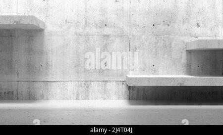 Abstract empty interior, white concrete wall with shelves installation, minimal architectural background, 3d rendering illustration Stock Photo