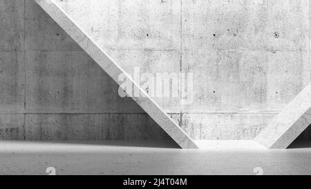 Abstract empty concrete interior, white wall with inclined beams installation, minimal architectural background, 3d rendering illustration Stock Photo