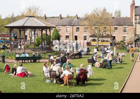 Crowds enjoying the sunshine on Easter Sunday 2022 at Beamish Museum, north east England, UK Stock Photo