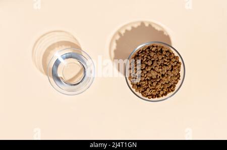 Top view of white bowl with dry kibble cat food and wateer on beige background.  Stock Photo
