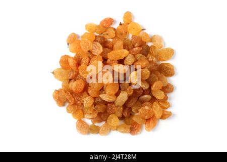 Handful of dried raisins in bulk isolated on white. View from above Stock Photo