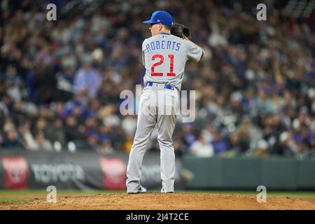 April 16 2022: Chicago pitcher Jesse Chavez (43) throws a pitch during the  game with Chicago Cubs and Colorado Rockies held at Coors Field in Denver  Co. David Seelig/Cal Sport Medi(Credit Image