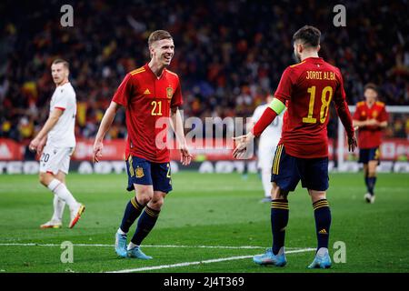 BARCELONA - MAR 26: Dani Olmo celebrates after scoring a goal during the International Friendly match between Spain and Albania at the RCDE Stadium on Stock Photo