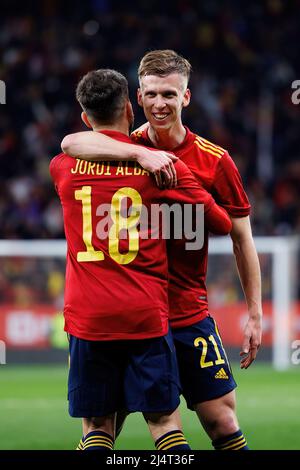 BARCELONA - MAR 26: Dani Olmo celebrates after scoring a goal during the International Friendly match between Spain and Albania at the RCDE Stadium on Stock Photo