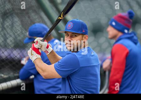 April 16 2022: Chicago third baseman Patrick .Wisdom (16) during pregame  with Chicago Cubs and Colorado Rockies held at Coors Field in Denver Co.  David Seelig/Cal Sport Medi(Credit Image Stock Photo - Alamy