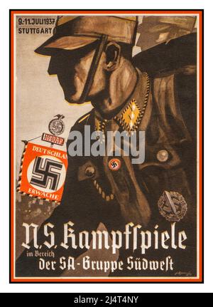 NS UNIFORM Vintage Nazi Propaganda Poster Card NSDAP 9-11 July 1937 Rally Stuttgart, with Deutschland Erwache Swastika Banner Deutsche NS Kampfspiele  NS combat games of the SA Group Southwest, 9.-11. July 1937 Stuttgart Nazi Germany The Sturmabteilung (SA) was the Nazi Party's original paramilitary wing. It played a significant role in Adolf Hitler's rise to power in the 1920s and 1930s. Stock Photo