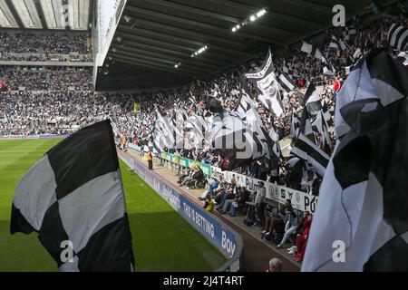 NEWCASTLE UPON TYNE, UK. Newcastle United's fans wave flags provided by supporters group 'Wor Flags' before the kick off the Premier League match between Newcastle United and Leicester City at St. James's Park, Newcastle on Sunday 17th April 2022. (Credit: Mark Fletcher | MI News) Credit: MI News & Sport /Alamy Live News Stock Photo