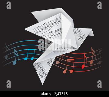 Origami doves with musical notes. Stylized illustration of paper pigeons and wave with musical notes on black background. Poetic musical motif. Stock Vector