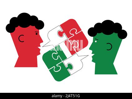 Italian language lesson dialog, male heads symbol. Two students and Puzzle bubble talk with a Italian flag symbolizing Italian conversation. Stock Vector