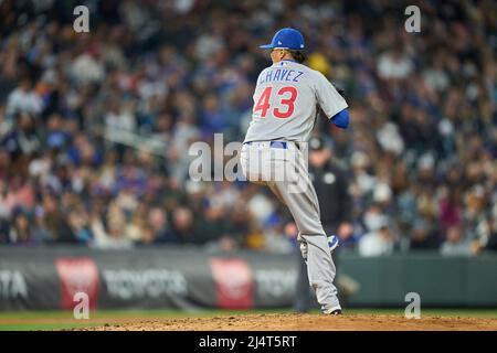 April 16 2022: Chicago pitcher Jesse Chavez (43) throws a pitch during the  game with Chicago Cubs and Colorado Rockies held at Coors Field in Denver  Co. David Seelig/Cal Sport Medi(Credit Image