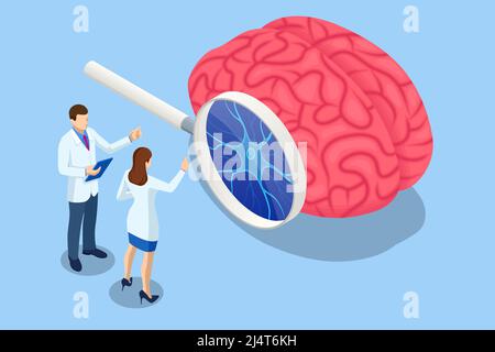 Isometric neurology, cognition, neuronal network, psychology, neuroscience scientific. Neurons in the brain. Medical Research Microscope. Synapse and Stock Vector