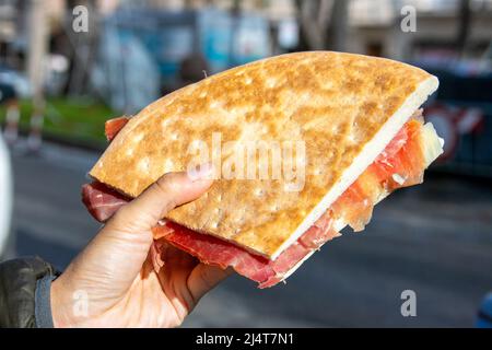 Prosciutto and formaggio Crescia at Pian delle Stelle restaurant, Nocera Umbra, Province of Perugia, Italy Stock Photo