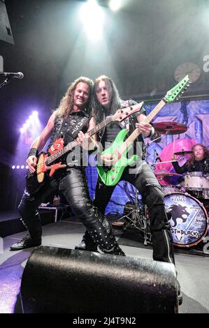 April 15, 2022, Anaheim, CA, US: Mate Molnar, Bass and Kasperi Heikkinen, Guitar for Beast in Black is a Finnish-Greek-Hungarian heavy metal band that was founded in 2015 in Helsinki by guitarist and songwriter Anton Kabanen. The musical influences of the band include Judas Priest, Manowar, W.A.S.P., Accept and Black Sabbath. (Credit Image: © Dave Safley/ZUMA Press Wire) Stock Photo