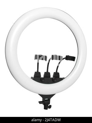 selfie ring lamp with smartphone holder, isolated on white background Stock Photo