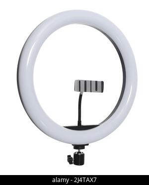 selfie ring lamp with smartphone holder, isolated on white background Stock Photo