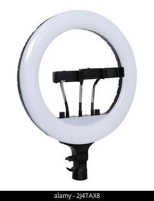 selfie ring lamp with smartphone holder, isolated on white background Stock Photo