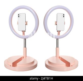 selfie ring lamp with smartphone holder, on stand isolated on white background Stock Photo