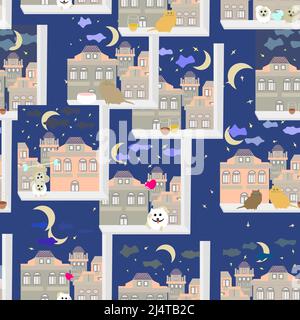 view from the window on the night sleeping city pattern Stock Vector