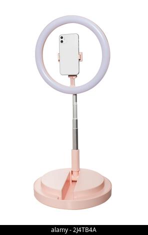 selfie ring lamp with smartphone holder, on stand isolated on white background Stock Photo