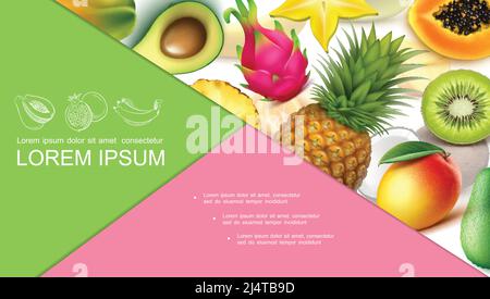 Realistic exotic fruits colorful composition with pineapple avocado guava kiwi papaya mango carambola dragonfruit vector illustration Stock Vector