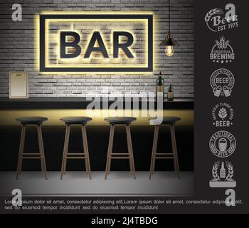 Realistic bar interior template with bottles of alcoholic drinks on counter menu neon signboard chairs and brewery labels vector illustration Stock Vector