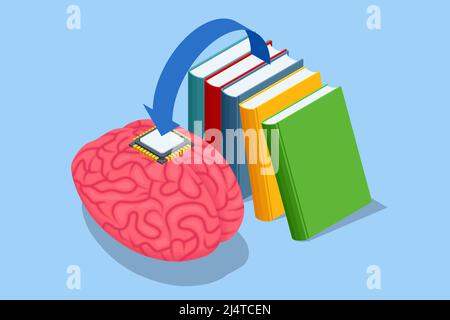 Isometric human brain with micro chip. artificial intelligence and implants of artificial organs. Stock Vector