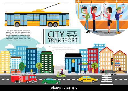 Flat city transport concept with cityscape cars motorbike fire truck moving on road and passengers riding by trolley bus vector illustration Stock Vector