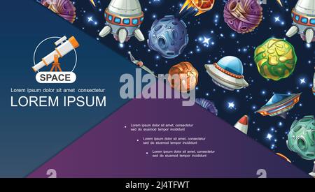 Cartoon universe composition with ufo spaceship light stars fantasy planets asteroids and meteors vector illustration Stock Vector