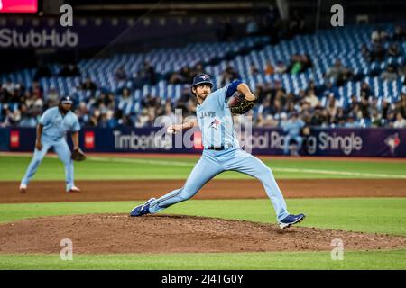 April 17, 2022, TORONTO, ON, CANADA: Toronto Blue Jays closer Jordan Romano  (68) throws the ball during the ninth inning of MLB action against the  Oakland Athletics in Toronto on Sunday, April