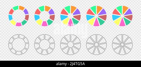 Donut charts segmented in 9 parts in colored and outline variations. Infographic wheels set. Circle diagrams or loading bars. Round shapes divided in nine equal sectors. Vector illustration Stock Vector