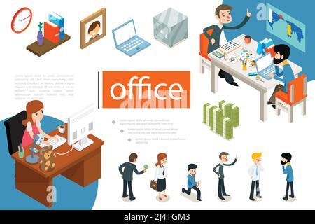 Isometric business people concept with office workers in different poses clock books on shelf photo frame laptop safe money vector illustration Stock Vector