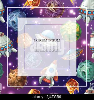 Cartoon space colorful template with frame for text fantasy planets meteors asteroids light stars ufo rocket and spaceship vector illustration Stock Vector