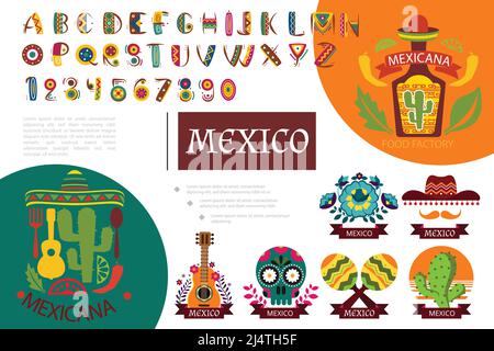 Flat Mexico elements composition with mexican ethnic alphabet tequila bottle flowers maracas sombrero mustache sugar skull guitar cactus vector illust Stock Vector