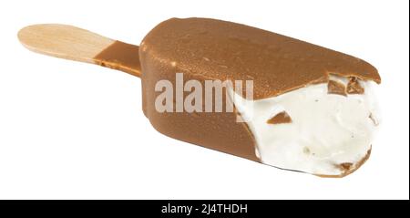 Vanilla ice cream bar on stick covered with milk chocolate isolated on white Stock Photo