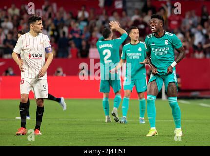 Sevilla, Spain. 17th April 2022, Ramon Sanchez-Pizjuan Stadium, Sevilla, Adalusia, Spain, La Liga football, Sevilla versus Real Madrid; Vinicius Junior (Madrid) frustrated by disallowed goal Credit: Action Plus Sports Images/Alamy Live News Stock Photo