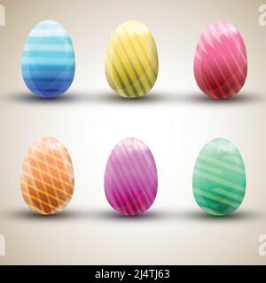 Six colorful striped happy easter eggs icons set isolated on light background flat vector illustration Stock Vector