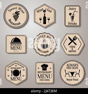 Restaurant menu food and drinks  wine list labels set isolated vector illustration Stock Vector