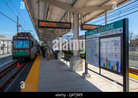 Boston Metro MBTA Ansaldo Breda Type 8 train at Union Square station at Union Square in city of Somerville, Massachusetts MA, USA. Stock Photo