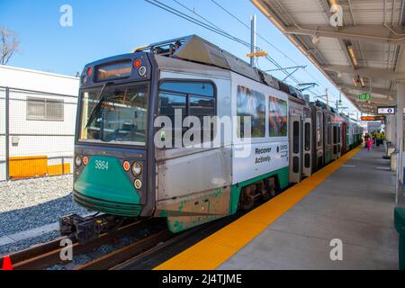 Boston Metro MBTA Ansaldo Breda Type 8 train at Union Square station at Union Square in city of Somerville, Massachusetts MA, USA. Stock Photo