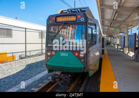 Boston Metro MBTA Ansaldo Breda Type 8 train at Union Square station at Union Square in city of Somerville, Massachusetts MA, USA. Stock Photo