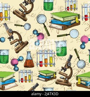 Science education sketch seamless background with book equation loupe vector illustration Stock Vector