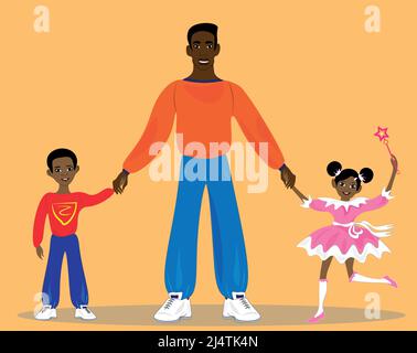 Cute illustration of happy african dad with kids. Happy dad holds hands of his cheerful children, daughter and son. Dad took them to an amusement park Stock Vector