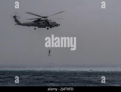 GULF OF OMAN (April 15, 2022) An MH-60R Sea Hawk helicopter, attached to the “Raptors” of Helicopter Maritime Strike Squadron (HSM) 71 recovers Ensign Gregory Laird during a search and rescue drill aboard the guided-missile destroyer USS Gridley (DDG 101) in the Gulf of Oman, April 15. Gridley is deployed to the U.S. 5th Fleet area of operations to help ensure maritime security in the Middle East region. (U.S. Navy photo by Mass Communication Specialist 2nd Class Colby A. Mothershead) Stock Photo