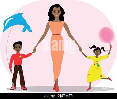 illustration of happy mother with kids. Happy mother holds hands of her cheerful children, cute little daughter holding a cotton candy and son with do Stock Vector