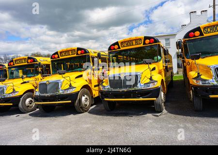 Rothsville, PA, USA - April 17, 2022: A fleet of parked yellow school buses in a rural village in Lancaster County, Pennsylvania. Stock Photo