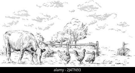 farm hand drawing sketch engraving illustration style vector Stock Vector