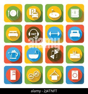 Hotel amenities and room service tourism icons of swimming massage golf and spa flat set isolated vector illustration Stock Vector