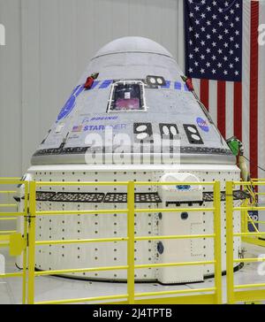 A new service module was mated to a Boeing CST-100 Starliner crew module to form a complete spacecraft on March 12, 2022, in Boeings Commercial Crew and Cargo Processing Facility at NASAs Kennedy Space Center in Florida. Starliner will launch on a United Launch Alliance Atlas V rocket for Boeings second uncrewed Orbital Flight Test-2 (OFT-2) for NASAs Commercial Crew Program. Mandatory Credit: Boeing/NASA via CNP Stock Photo